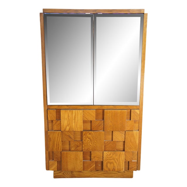 1970s Lane Staccato Mid Century Oak Brutalist Mirrored Clothing Armoire Cabinet 64" For Sale