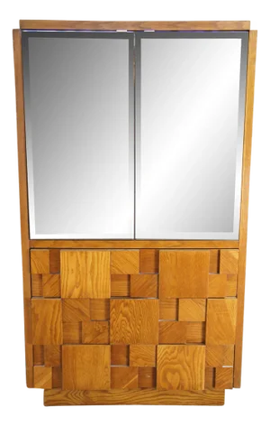 1970s Lane Staccato Mid Century Oak Brutalist Mirrored Clothing Armoire Cabinet 64"