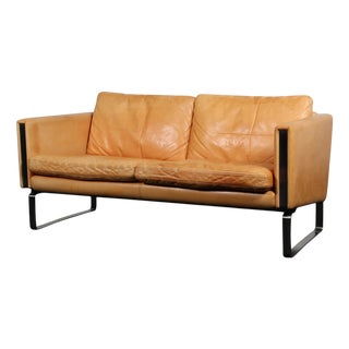 Vintage Two-Seat Sofa in Steel and Nature Leather by Hans J. Wegner for Carl Hansen & Søn, 2010s For Sale