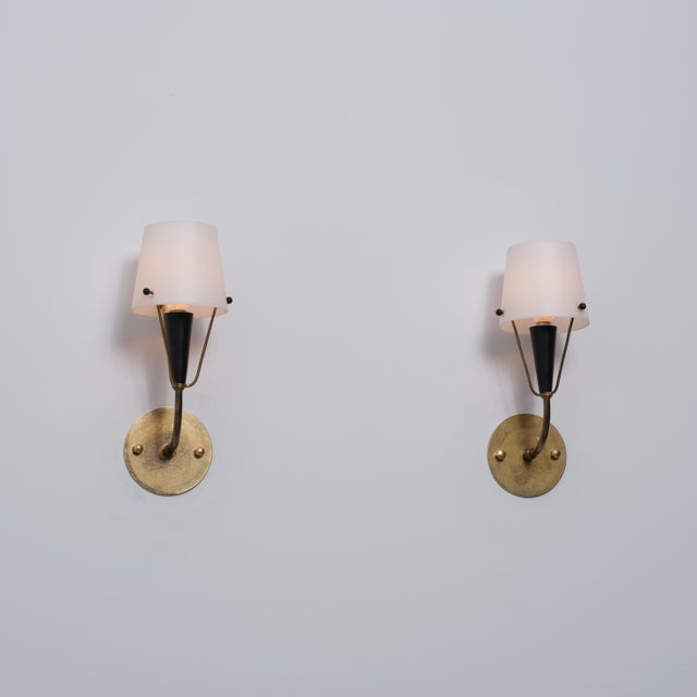 Italian Brass, Black Metal and Opaline Glass Wall Sconces, 1950s, Set of 2 For Sale - Image 10 of 11