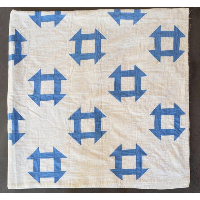 Early 20th C Hand-Quilted Blue and White Churn Dash Quilt For Sale - Image 4 of 9