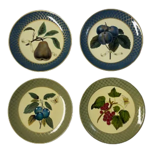 Vintage Late 20th Century Raymond Waites Blue and Green Fruit Decorative Wall Hanging Plates- Set of 4 or Two Sets of 2