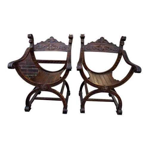 Antique Renaissance Carved Lion Heads Curule Savonarola Style