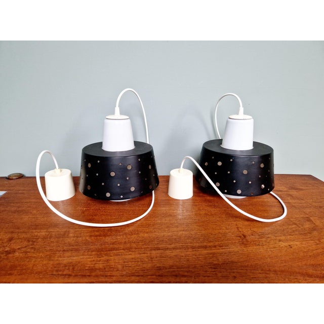 Vintage Scandinavian Pendant Lights in White Opaline and Black Lacquered Metal, 1960, Set of 2 For Sale - Image 13 of 17