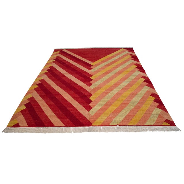 1980s Modern Geometric Handmade Turkish Rug Kilim Chevron Oushak - 7x10 Ft Approx For Sale - Image 5 of 14