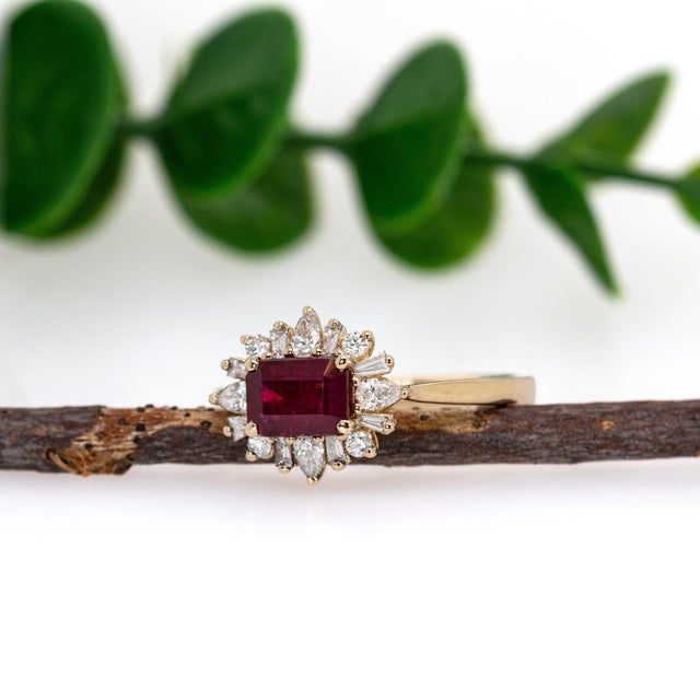 6x4mm Mozambique Ruby and Natural Diamond Ring in Solid 14k Yellow Gold, Size 6.75 For Sale - Image 4 of 7