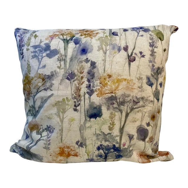 20” Square Pillow With a Blue & Gold Watercolor-Like Floral Print - Made in U K For Sale