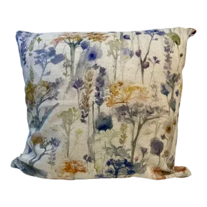 20” Square Pillow With a Blue & Gold Watercolor-Like Floral Print - Made in U K