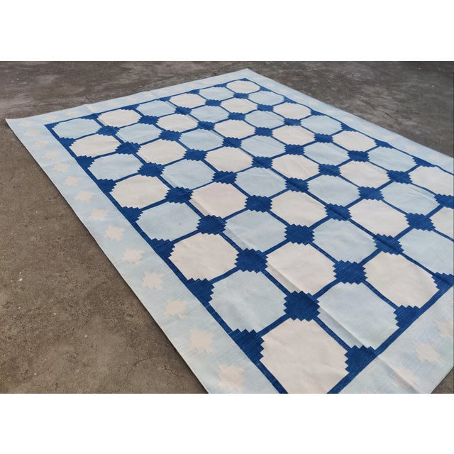 Sky Blue Handmade Cotton Natural Vegetable Dyed Reversible Light and Indigo Blue and White Box Pattern Vista Rug - 9'x12' For Sale - Image 8 of 11