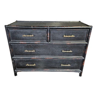 1980s Vintage Bloomingdales Rattan Four Drawer Chest W Faux Bamboo Handles For Sale