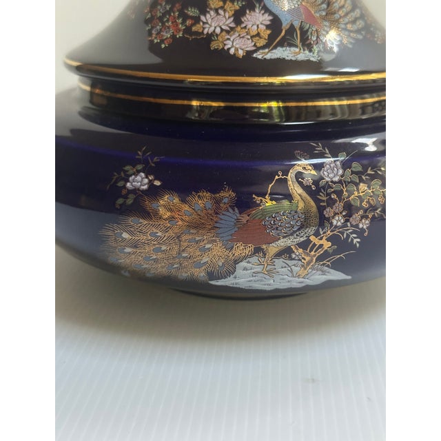 1960s Italian Keramos Capodimonte Cobalt Blue Glaze Ornate Gold Handprinted Peacock and Floral Motif Lidded Round Vase Jar For Sale - Image 5 of 16