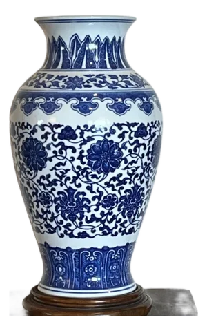 Mid 20th Century 2" Chinese Blue & White Porcelain Floral Vase with Wooden Stand