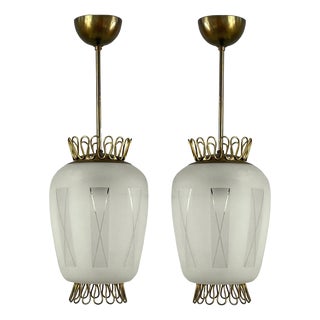 Frosted Glass & Brass Pendants, Sweden, 1950s, Set of 2 For Sale