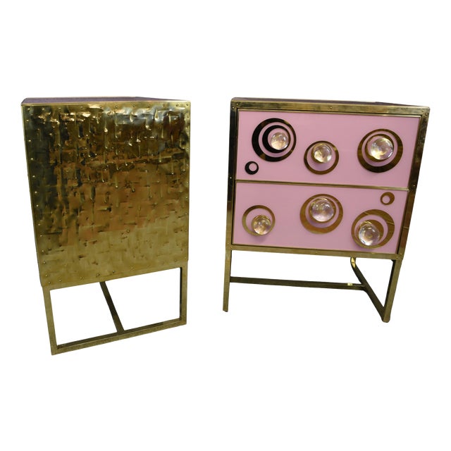 Pink Nightstands with Murano Spheres and Brass Legs from Justfurnituress SRL, Set of 2 For Sale