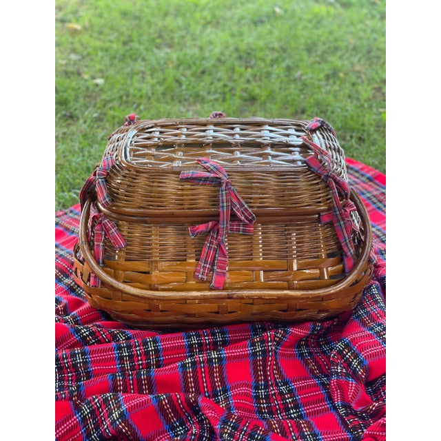 Vintage Wicker and Red & Blue Tartan Picnic Time Picnic Basket For Sale - Image 10 of 11
