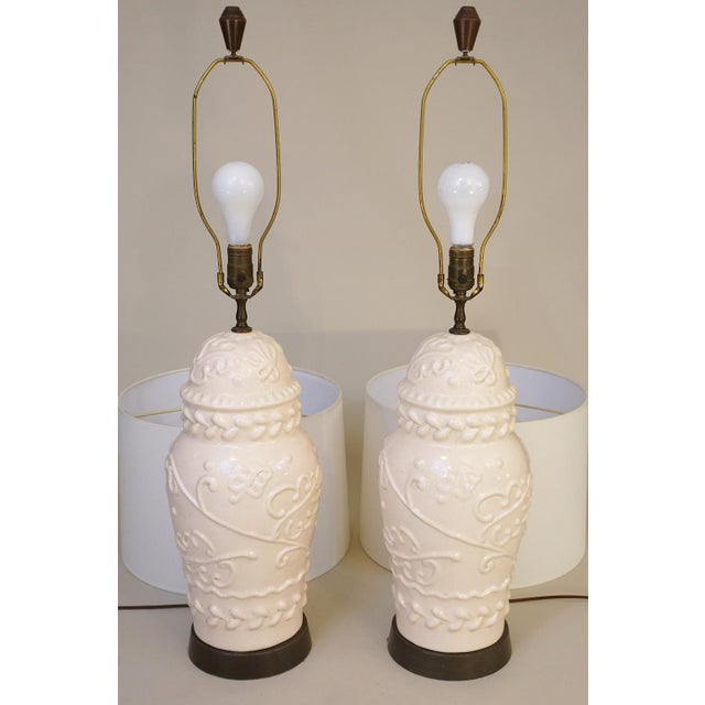 1960s XL Matched Pair Relief Cream Crackle Glazed Porcelain Ceramic Lamps Majolica Italy - a Pair For Sale - Image 11 of 11