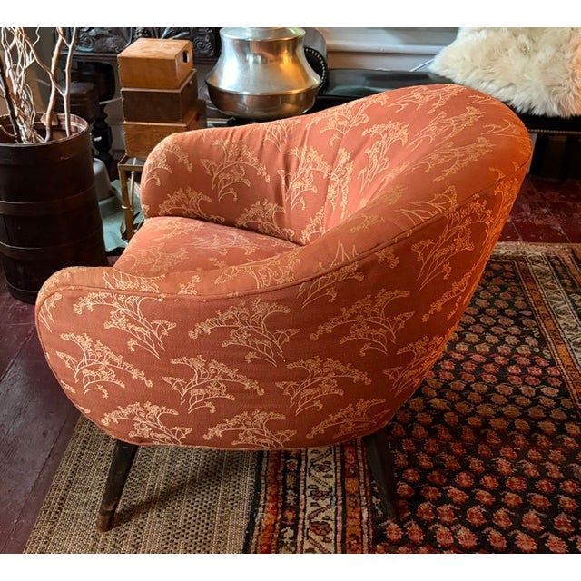 Mid Century Barrel Club Chair With Original Asian Damask Upholstery For Sale - Image 4 of 9