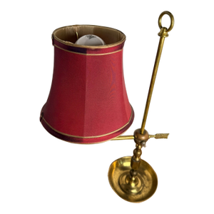 1960s Unique French Brass Bouillotte Table Lamp With Arrow Design and Red Lamp Shade