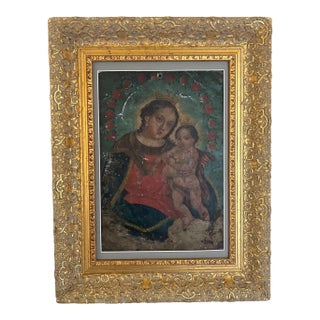 19th Century Virgin Mary and Christ Child Retablo, Oil on Tin For Sale