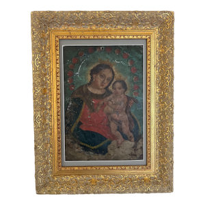 19th Century Virgin Mary and Christ Child Retablo, Oil on Tin