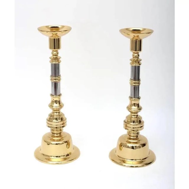 1980s 1980s Candle Holders Neoclassical Brass and Chrome Candle Sticks - a Pair For Sale - Image 5 of 10