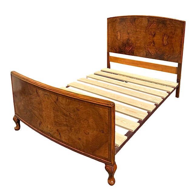 Art Deco Figured Walnut double bed dating to Circa 1930. The headboard and footboard are a gorgeous conker colour with...