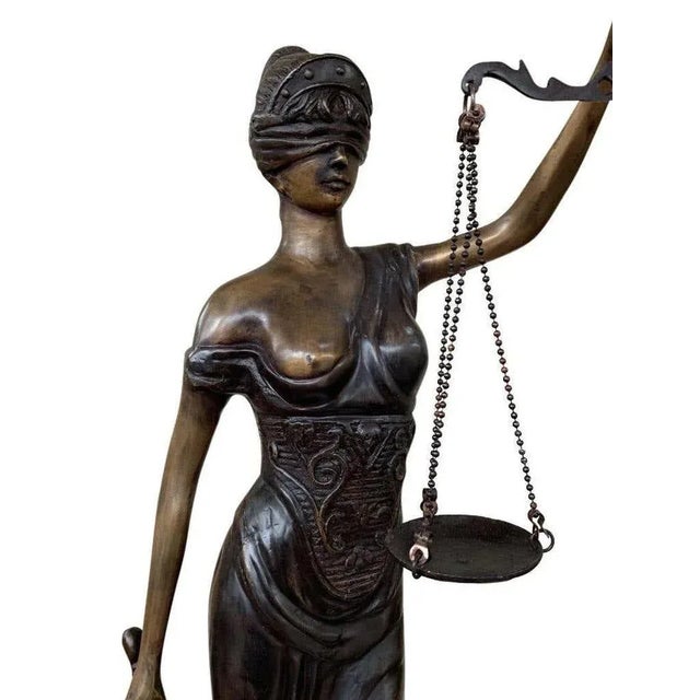 Bronze Lady Justice Statue with Scales, 20th Century For Sale - Image 5 of 9