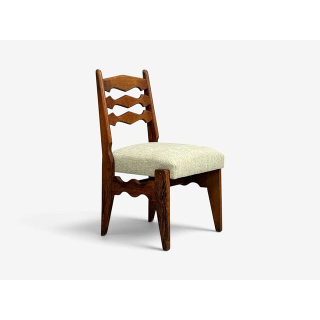 1950s Guillerme & Chambron, Dining Chair, Oak, Green Fabric, France, 1950s For Sale - Image 5 of 9