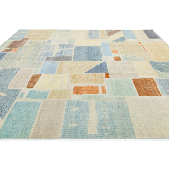Modernist Color-Block Handcrafted Wool Area Rug With Abstract Painterly Grid For Sale In New York - Image 6 of 12