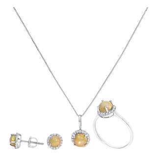 10K White Gold Opal and 3/8 Cttw Diamond Halo Jewelry Set (Earrings, Pendant & Ring) For Sale