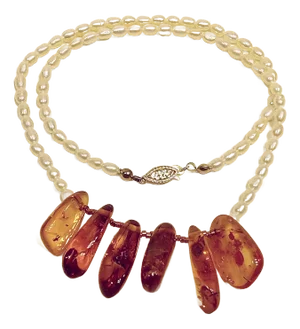 Contemporary Baltic Amber and Cultured Freshwater Pearl Necklace With 14k Gold Clasp