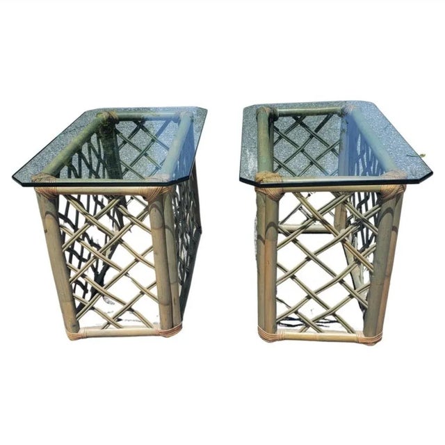 Vintage Jumbo Rattan Glass Top Side Tables in Turquoise-Champaign Color For Sale In Washington DC - Image 6 of 6