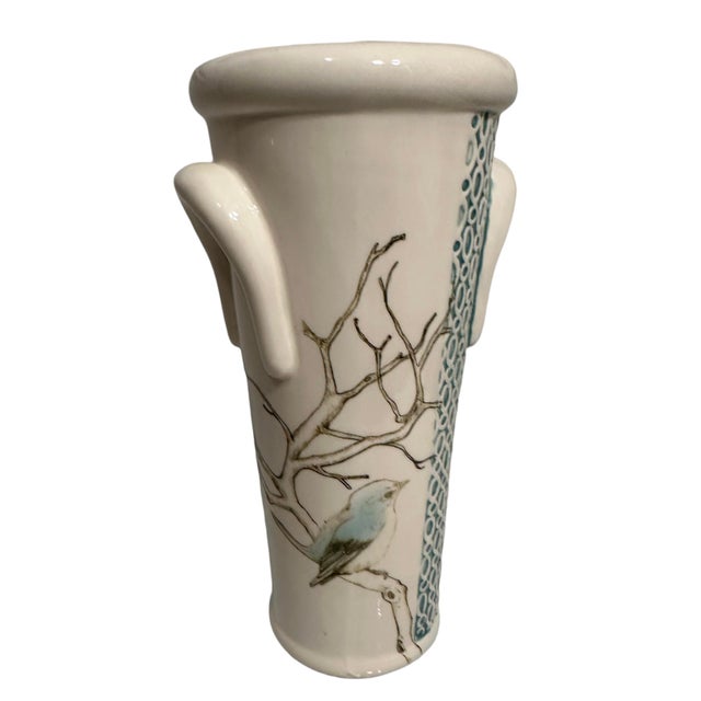 Ceramic Vintage Geometric Turquoise Bird on a Branch Motif Vase For Sale - Image 7 of 11