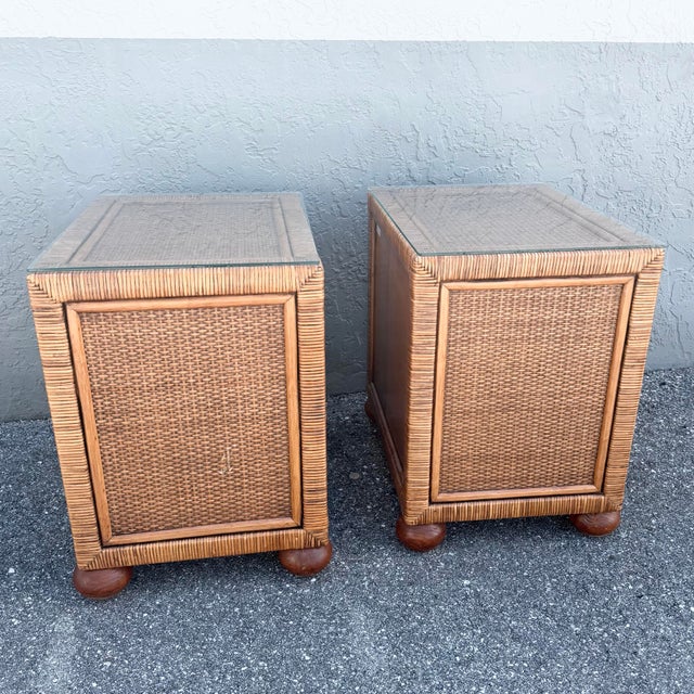 Boho Chic Wicker Glass Top Nightstands - A Pair For Sale - Image 4 of 9