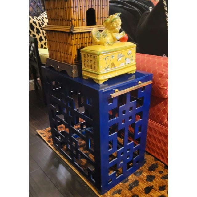 Plastic Custom Made Painted Deep Navy Blue Chippendale Fretwork Narrow Elongated Side Table Gold Handles For Sale - Image 7 of 9