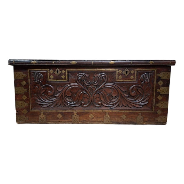 Antique 19th Century Oriental Carved Wood and Gilt Brass Chest For Sale
