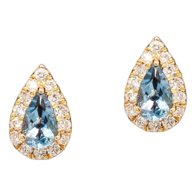 Aquamarine Earrings With Earth Mined Diamond Accents: 14k Solid Gold, Pear 5x3mm For Sale