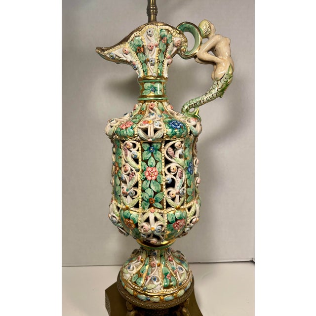 Italian Rare Vintage Capodimonte Italy Hand Painted Art Pottery Pitcher Shape Table Lamp For Sale - Image 3 of 11