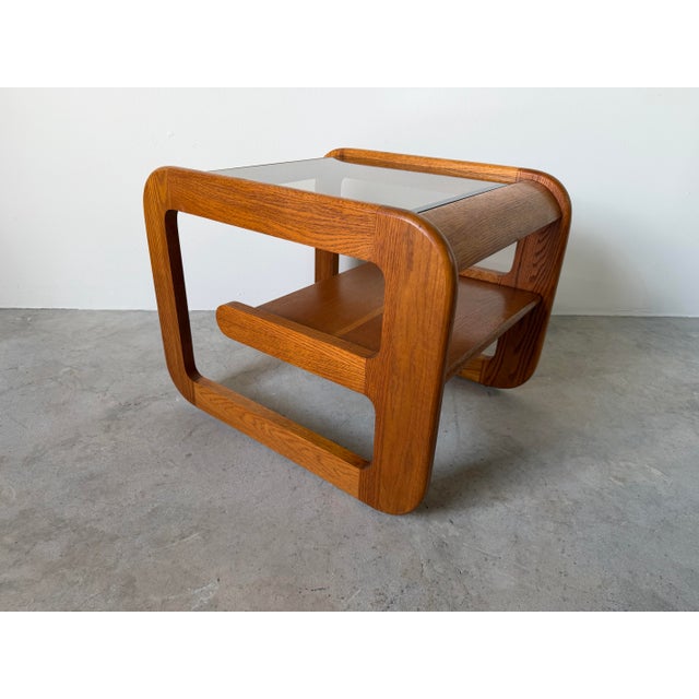 1970s Mid-Century Modern Lou Hodges Oak & Smoked Glass Top Side Table For Sale - Image 10 of 12