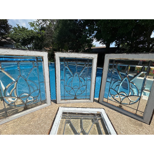 Transparent 5-Piece Art Deco Beveled Leaded Glass Window Set Matching Transom & 4 Sidelights For Sale - Image 8 of 18