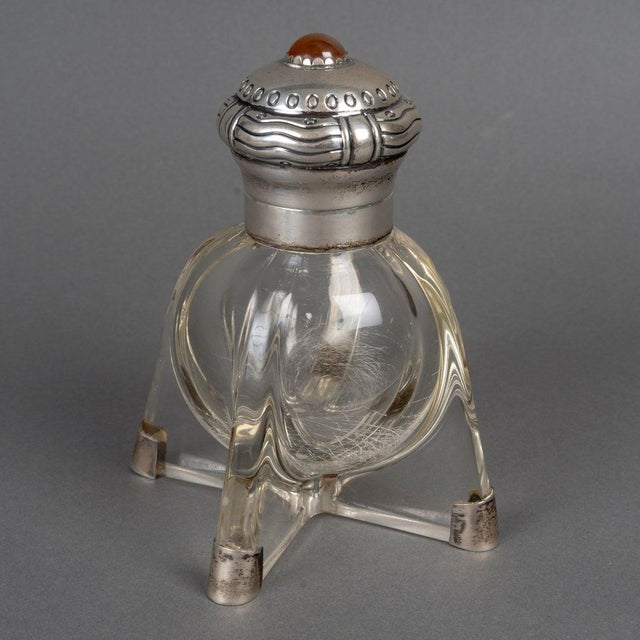 Art Nouveau inkwell, Denmark, circa 1920. Inkwell, circa 1920, glass and silver-plated metal, Art Nouveau period, Denmark....