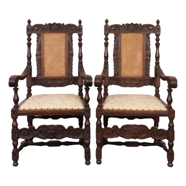 Jacobean Cane Back Armchairs - A Pair For Sale