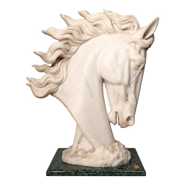 White Horse Head on Green Marble Base Sculpture by Leonardo For Sale