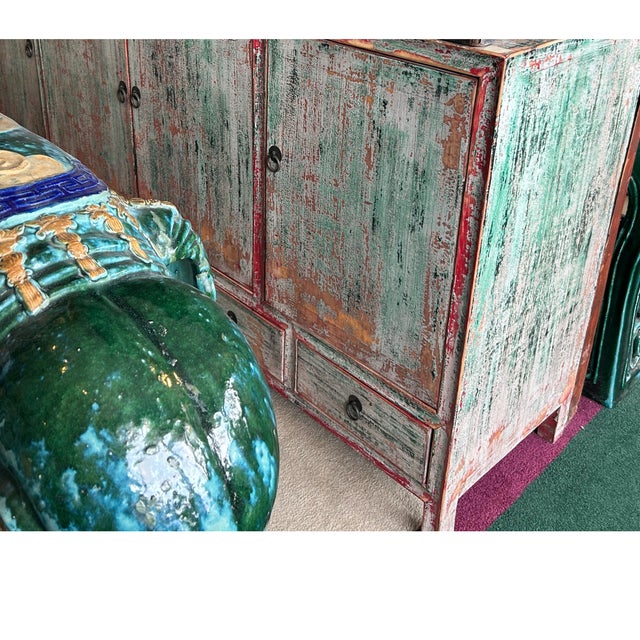 1990s Distressed Refinished Light Teal Green Red Marks Credenza Console Cabinet For Sale - Image 5 of 6