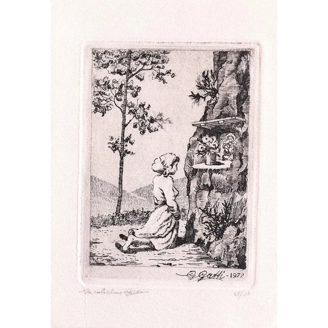 Praying is an original etching on paper realized by Guglielmo Gatti in 1972. Signed on the plate on the lower right...