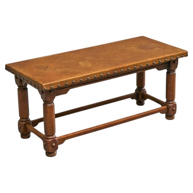 Mid-Century Spanish Coffee Table in Oak and Patinated Leather, 1940s For Sale - Image 12 of 12