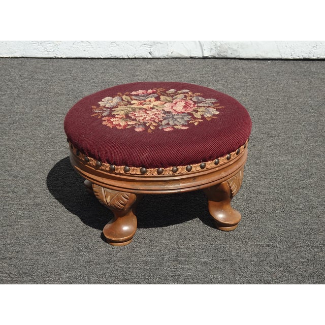Footstool ~ Vintage French Country Burgundy Floral Round Needlepoint Footstool#2 For Sale In Los Angeles - Image 6 of 14