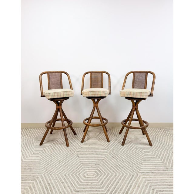 3 Vintage Coastal Bamboo Barstools Dark Rattan W/ Beige Cushions and Caned Back For Sale - Image 9 of 10