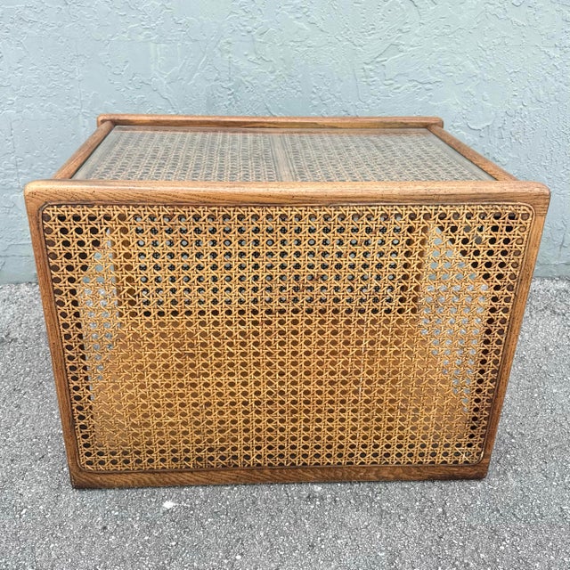 Mid 20th Century Vintage Boho Chic Cane and Oak Glass Top Side Table For Sale - Image 5 of 7