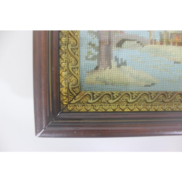 Early 20th Century Needlepoint in Antique Wood Frame With Giltwood Cottagecore Country Style Embroidered Picture For Sale - Image 4 of 10
